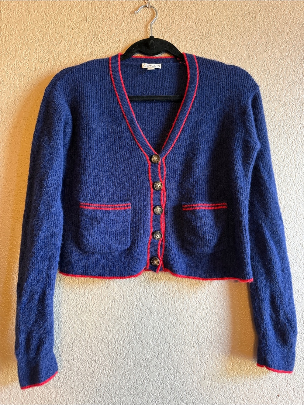 Crewcuts Navy Cropped Cardigan Sweater with Red Trim